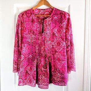 Elie Tahari Magenta Pink Print Silk Pleated Tunic Top